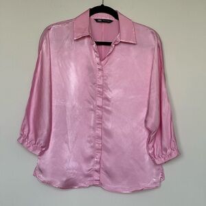 Zara Pink Satin Blouse 3 Quarter Sleeves‎ Size M